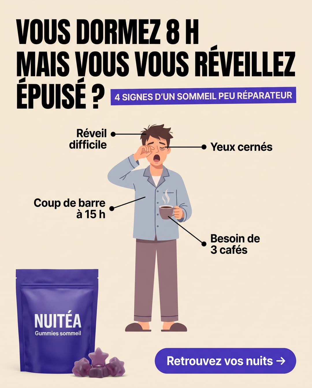 Pub pour un complément sommeil : « Vous dormez 8 h mais vous vous réveillez épuisé ? »